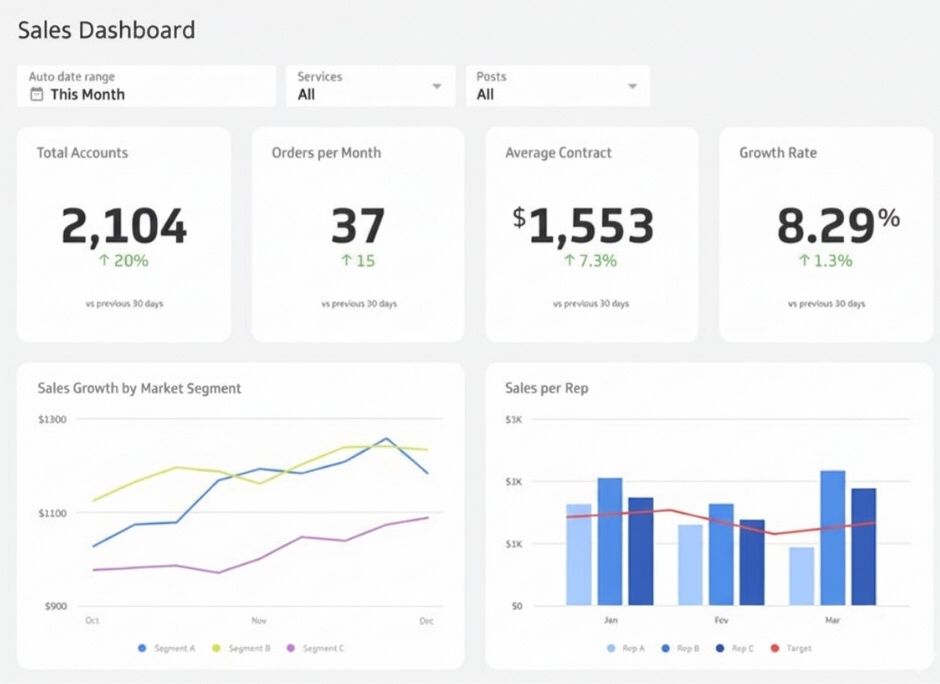 A clean, modern sales dashboard displaying key metrics including total accounts (2,104, up 20%), orders per month (37, up 15%), average contract value ($1,553, up 7.3%), and growth rate (8.29%, up 1.3%). The dashboard also features line charts for sales growth by market segment (Segments A, B, C) and a bar chart showing sales per rep (Reps A, B, C) against a target line for February to May.